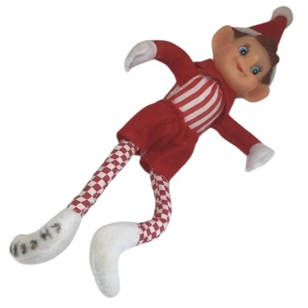 Vintage Christmas Elf Shelf Sitter Red Striped Checks White Plastic Face Stuffed